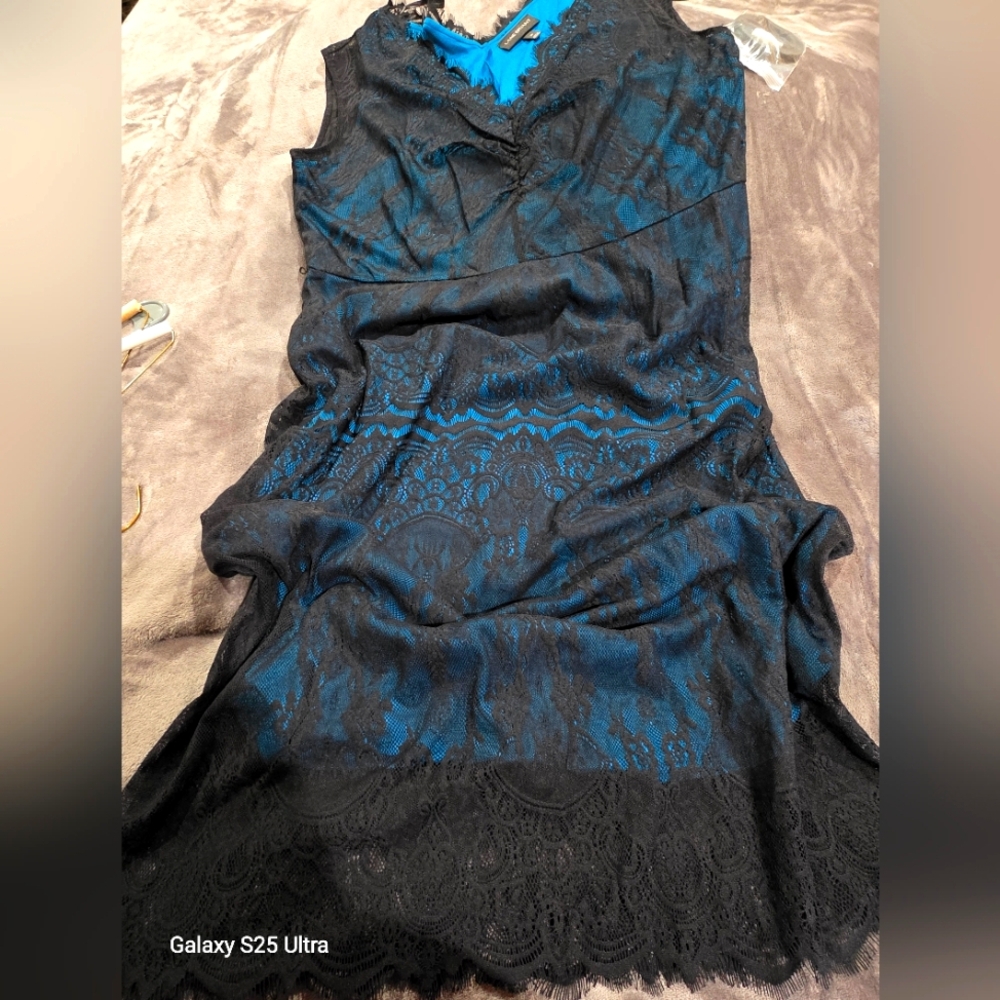 Lane Bryant Black and Teal Lace Overlay Midi Dress